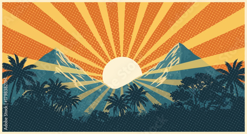 Vintage landscape with tropical trees and majestic mountains at sunrise