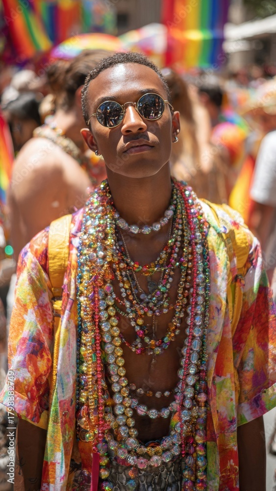 Obraz premium Man celebrates Pride in colorful outfit and mirrored sunglasses