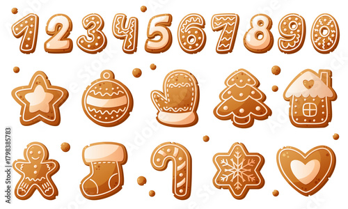 Gingerbread cookies in various shapes including numbers, stars, mittens, and a house. The cookies are decorated with icing and have a brown color.