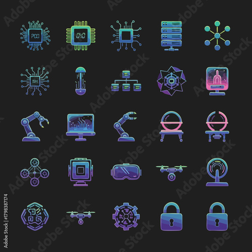 Neon Technology Icons on Black Background
