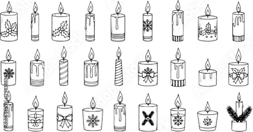 Christmas and Holiday Candles Collection. Hand-Drawn Outline Vector Illustrations of Festive Winter Decorations with Holly, Snowflakes, and Bows.