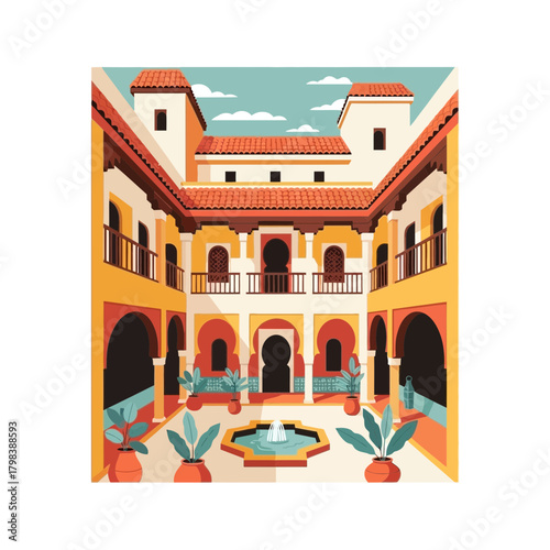 Architectural Illustration of a Spanish Courtyard with Fountain and Plants