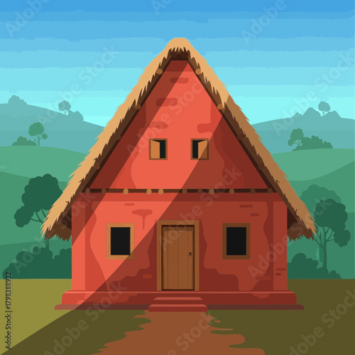 Illustration of a traditional village house with thatched roof and nature
