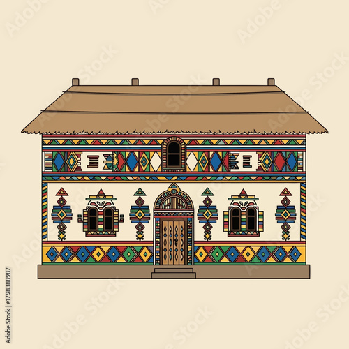 Intricate pattern house with traditional african design and thatch roof