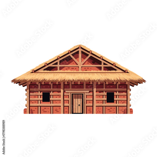 Illustrative rustic dwelling featuring a straw roof and timber framework