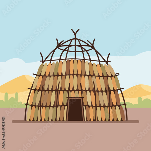 Native American dwelling illustration in front of a serene desert landscape