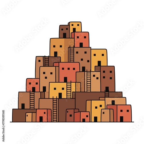 Stylized Pueblo Village Illustration Featuring Southwestern Architecture