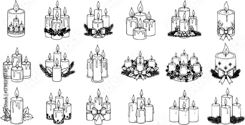 Christmas Advent Candles Set, Hand-Drawn Black and White Line Art Icons. Festive Holiday Decorations with Bows and Evergreen Branches, Perfect for Winter Celebrations and Spirituality.