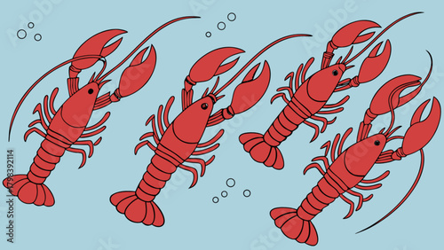 A whimsical scene of four red lobsters floating in a light blue sea with small bubbles scattered around them