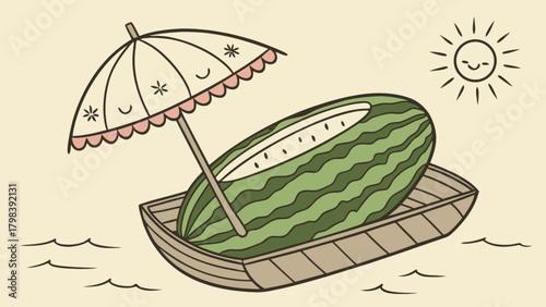 A watermelon boat with a sun umbrella floating on water under a smiling sun on a summer day trip