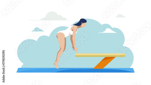 Woman in swimsuit preparing to dive from a diving board with a cloudy sky background illustration