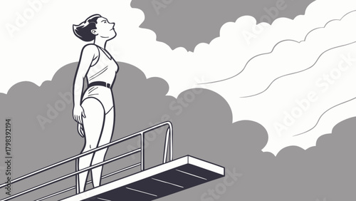 Woman in swimsuit stands on diving board looking up at the sky with clouds in black and white style