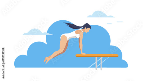 A woman in a white swimsuit prepares to dive from a springboard against a backdrop of blue clouds