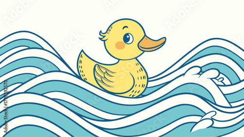 Cartoon yellow duck swimming in wavy blue water with white caps and a white background scene image