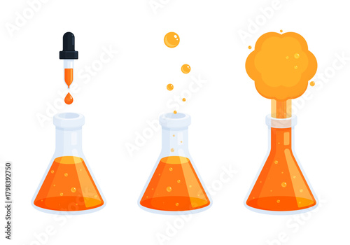 Scientific experiment with Erlenmeyer flask and orange liquid reaction. Chemistry, laboratory research, education, and science, STEM concepts. Flat illustration isolated on white background
