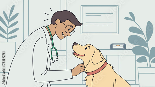 Veterinarian giving a golden retriever a checkup in a bright and clean veterinary office space