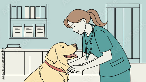 Veterinarian examining a golden retriever in a clinic setting with shelves and medical equipment present