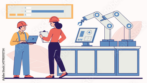 Two engineers in hard hats discussing automation with robotic arms and a computer interface system