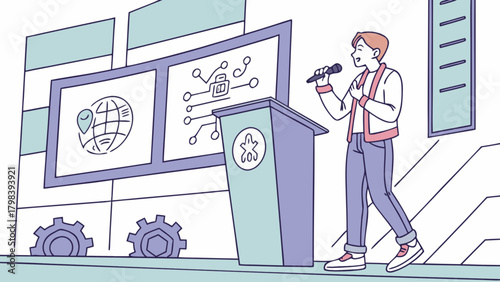 Person giving a presentation on technology with a globe and circuit board displayed behind them