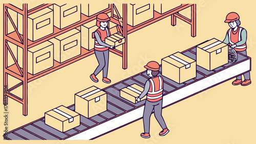 Isometric warehouse scene with workers handling boxes on a conveyor belt and shelves full of boxes