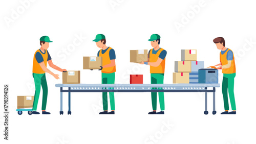 Illustration of workers handling boxes on a conveyor belt in a warehouse environment setting scene