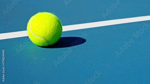 A tennis ball rests beside a white line on a blue court, casting a shadow