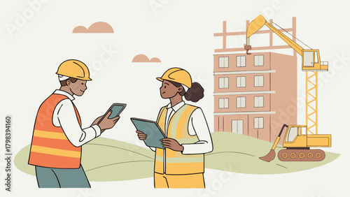 Two construction workers reviewing plans at a building site with crane and excavator present nearby