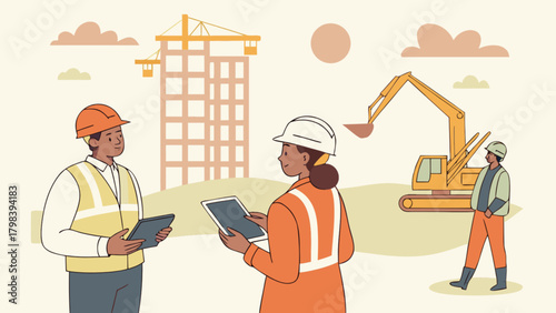 Construction workers with tablets discussing project at a construction site with machinery and building