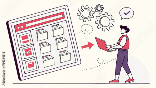 Man with laptop interacting with a document management system interface and automation gears visible