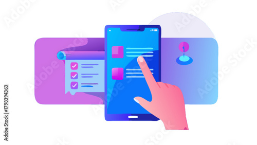 Hand interacting with a blue smartphone displaying a list with other elements around it design