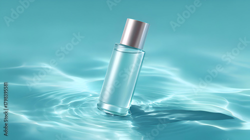 Vertical 3D render of a clear glass skincare bottle with a silver cap, standing on a rippling, reflective turquoise water surface, emphasizing aquatic freshness and purity.