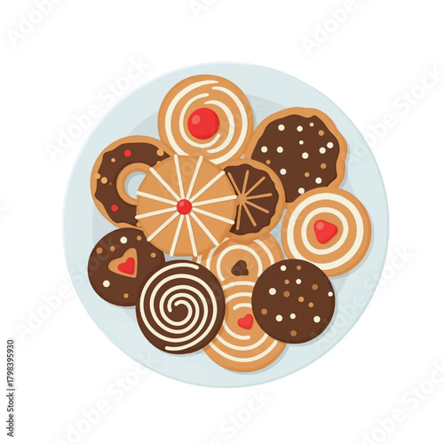 A top-down view of a light blue plate filled with an assortment of delicious, decorated cookies, featuring various shapes and toppings.