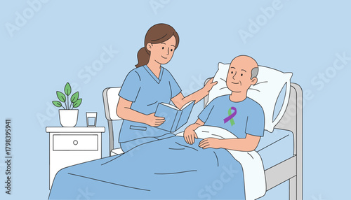 Supportive nurse reading to recovering senior patient wearing an awareness ribbon