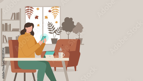 Woman uses phone while working remotely at home in a cozy autumn interior illustration