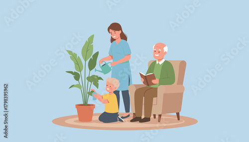 Generations care for plant grandfather reads Family home and indoor lifestyle illustration