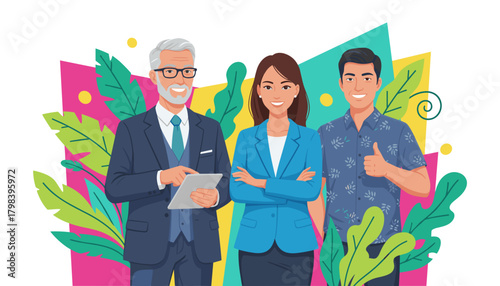 Diverse business professionals smiling in tropical setting symbolizing teamwork success and digital life