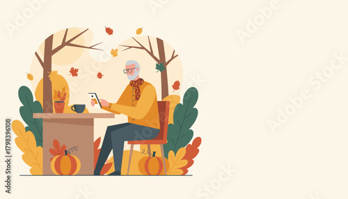Senior man using smartphone at an outdoor cafe surrounded by fall foliage and pumpkins
