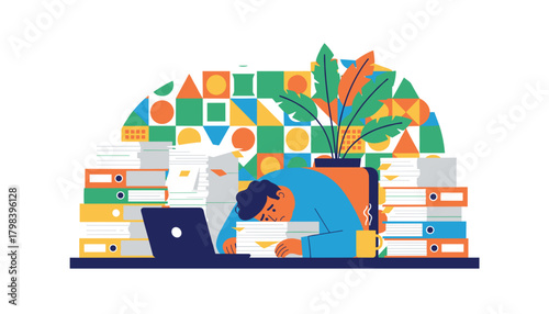 Overworked employee suffers burnout buried under stacks of documents and heavy workload