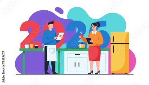 Couple planning finance and setting goals in the kitchen for the new year 2025