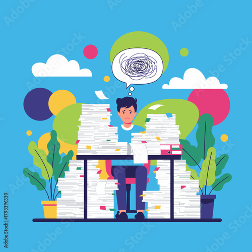 Stressed worker buried in paperwork Overwhelming workload business pressure and anxiety