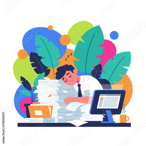 Burnout Tired worker asleep on desk buried under massive paper document stack