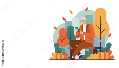 Smiling senior man using a mobile phone on a bench in an autumn park Digital connection and lifestyle
