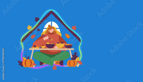 Woman enjoying a warm autumn meal indoors with pumpkins and colorful leaves Cozy fall lifestyle illustration