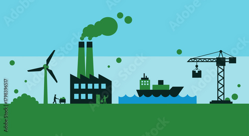 Flat design illustration of global trade manufacturing and green energy industry
