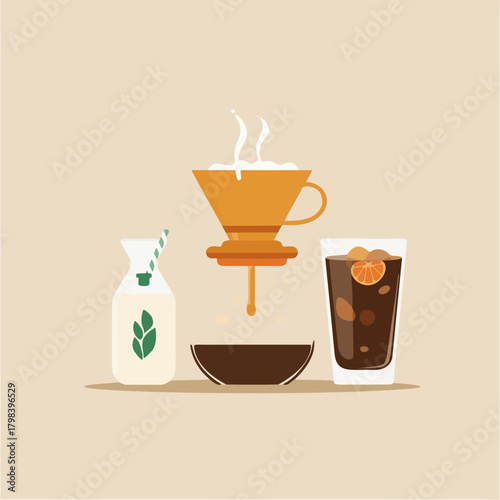 Coffee preparation illustration with pour-over, milk, and iced coffee.