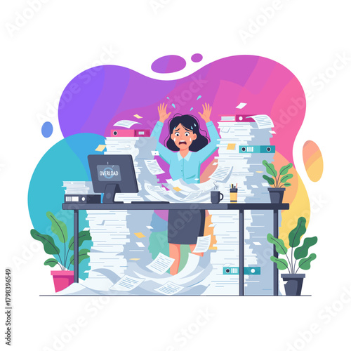 Stressed businesswoman overwhelmed by massive piles of paperwork and office workload Burnout concept