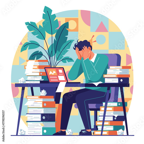 Overwhelmed worker stressed by excessive workload and deadlines at a messy office desk