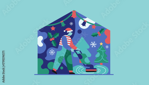 Holiday home preparation Person cleans floors surrounded by Christmas trees holly and snow