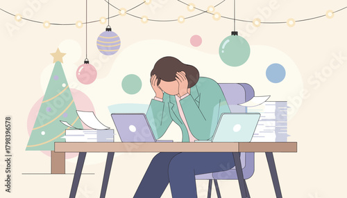 Stressed employee overwhelmed by work during the Christmas holidays
