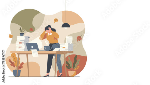 Stressed employee overwhelmed by massive paperwork deadlines and burnout in the modern office